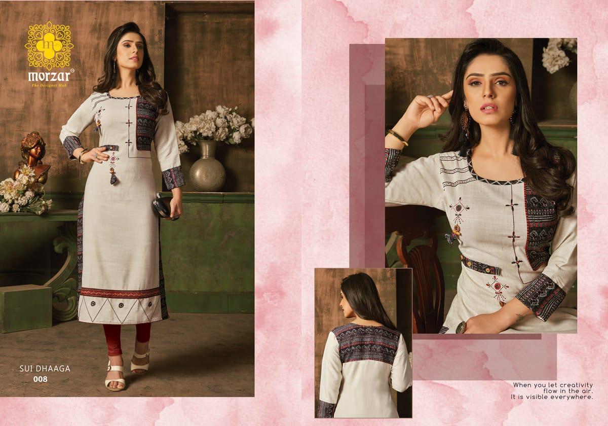 Heavy Rayon Two Tone Kurti - 46 Inch Length, 3-4th Sleeve Style , Block Print With Fancy Buttons And Handwork Highlights, Available In 9 Colors, Quick Dry And Breathable