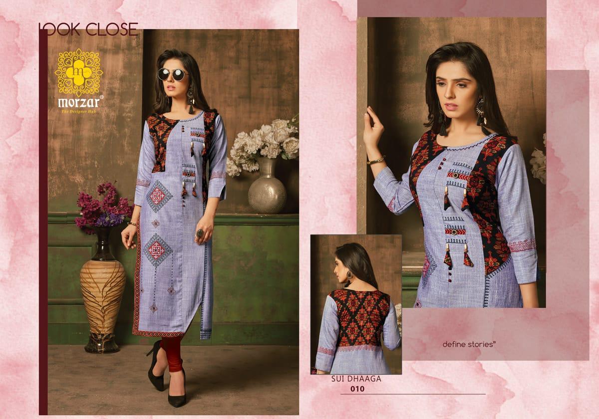 Heavy Rayon Two Tone Kurti - 46 Inch Length, 3-4th Sleeve Style , Block Print With Fancy Buttons And Handwork Highlights, Available In 9 Colors, Quick Dry And Breathable