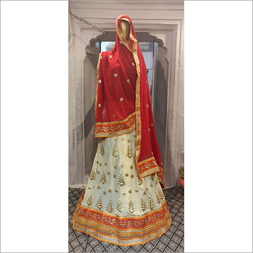 Red & White Jaipuri Cotton Lehenga