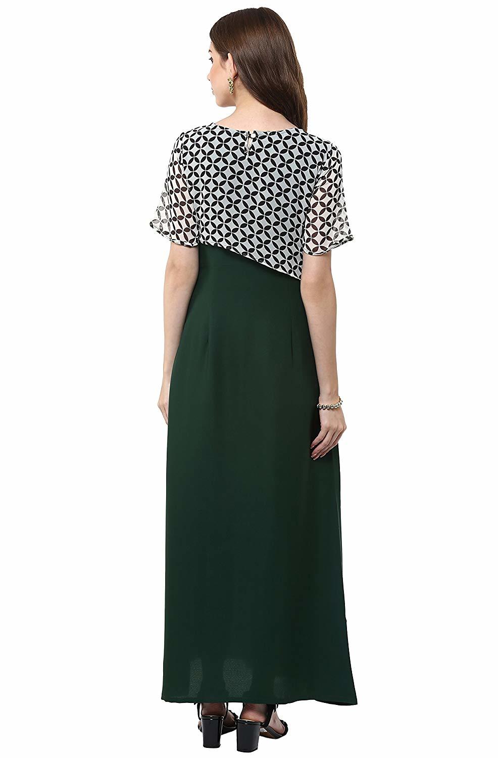 Jaipuri Kurti - Georgette Maxi Dress, Green Half Sleeves Printed Design With Round Neck For Parties