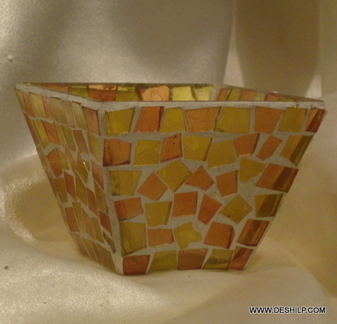 Antique Imitation Yellow Mosaic Glass Candle Holder Handmade Votive