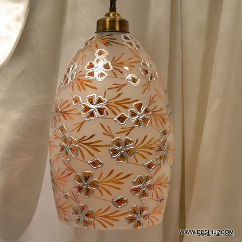 White Luster Glass Antique Printed Hanging Lamp