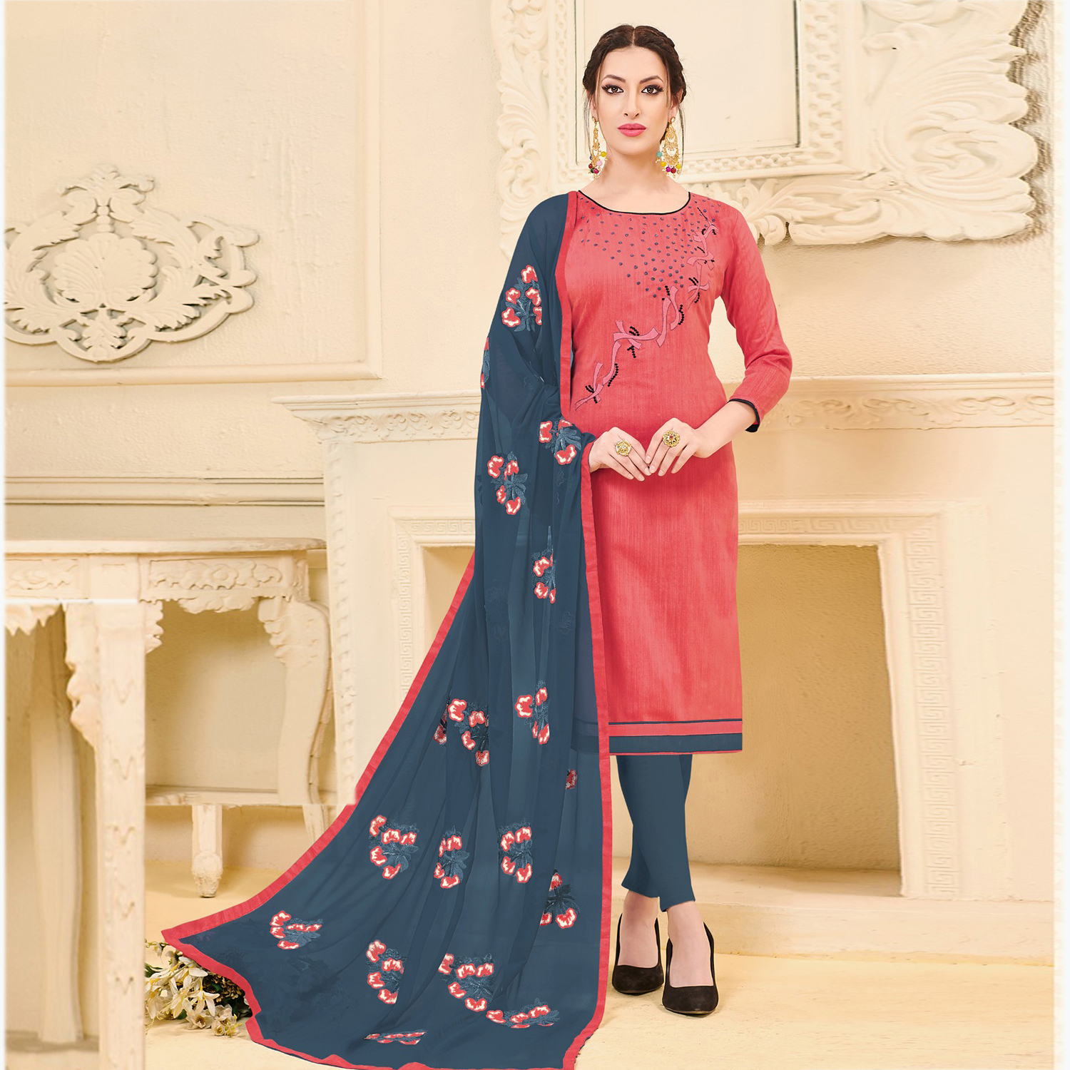 Orange And Blue Latest Banarasi Silk Party Wear Suit