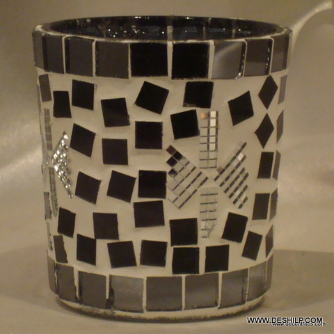 Glass Black And White Mosaic Candle Holder