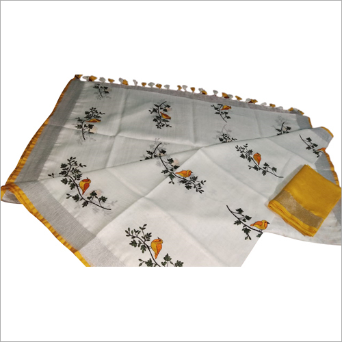 महिलाओं के लिनन द्वारा लिनन कशीदाकारी साड़ी