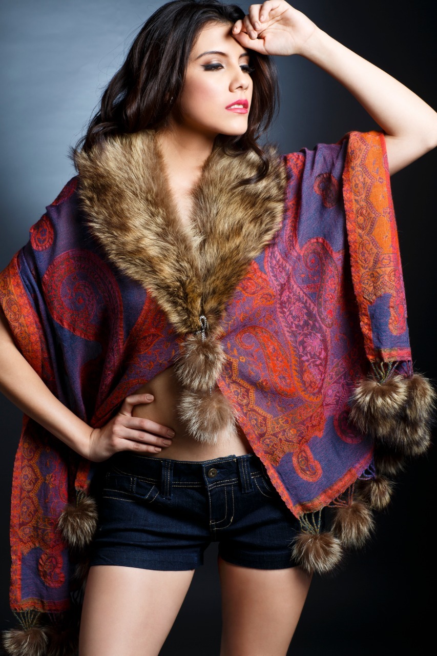 Many Pure Wool Shawls With Digital Print & Fur Trims