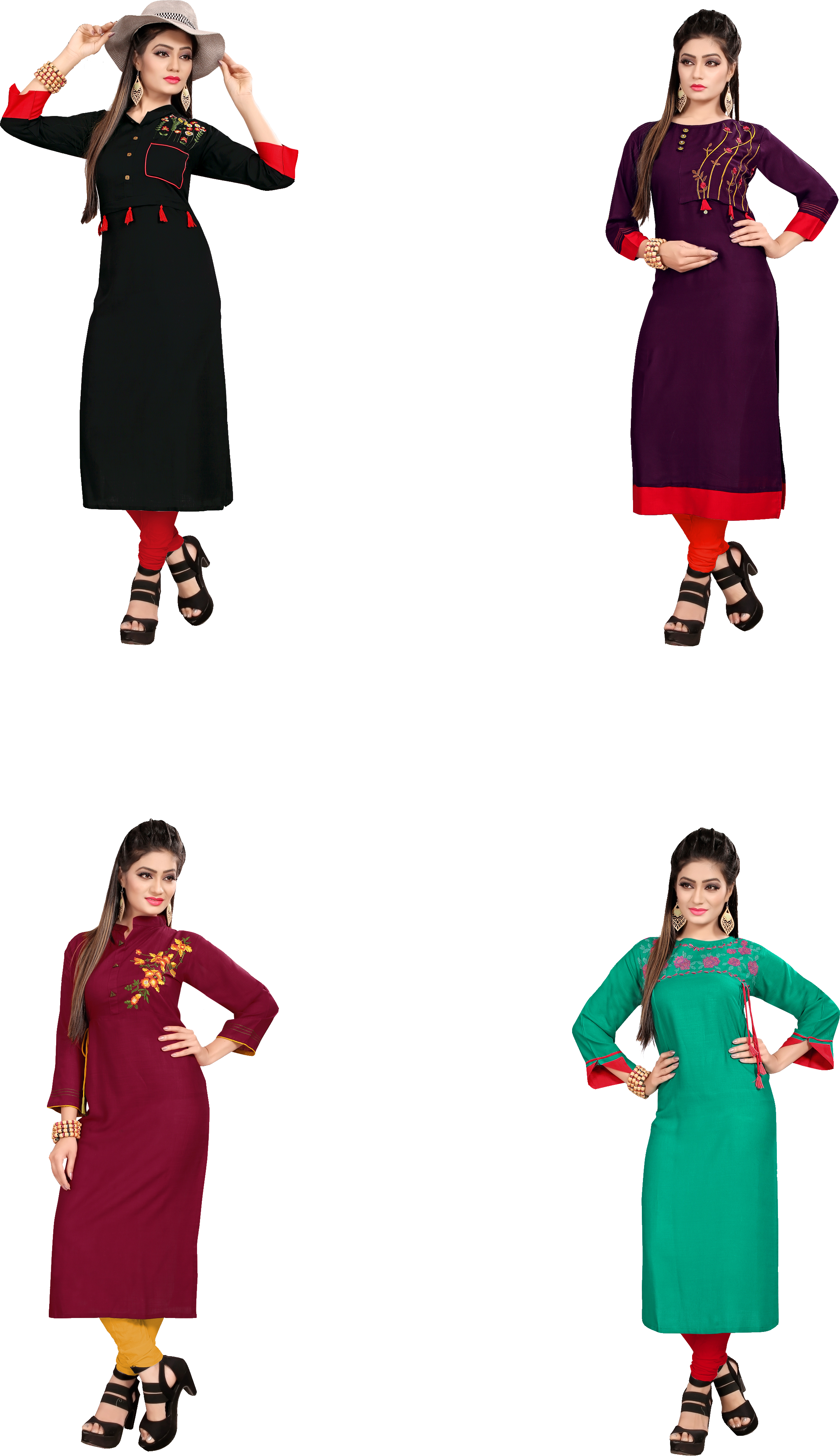 Collar Kurti - Rayon Fabric, Straight Long Design In 4 Vibrant Colors | 3/4 Sleeve, Printed Pattern, Washable For Casual And Formal Wear