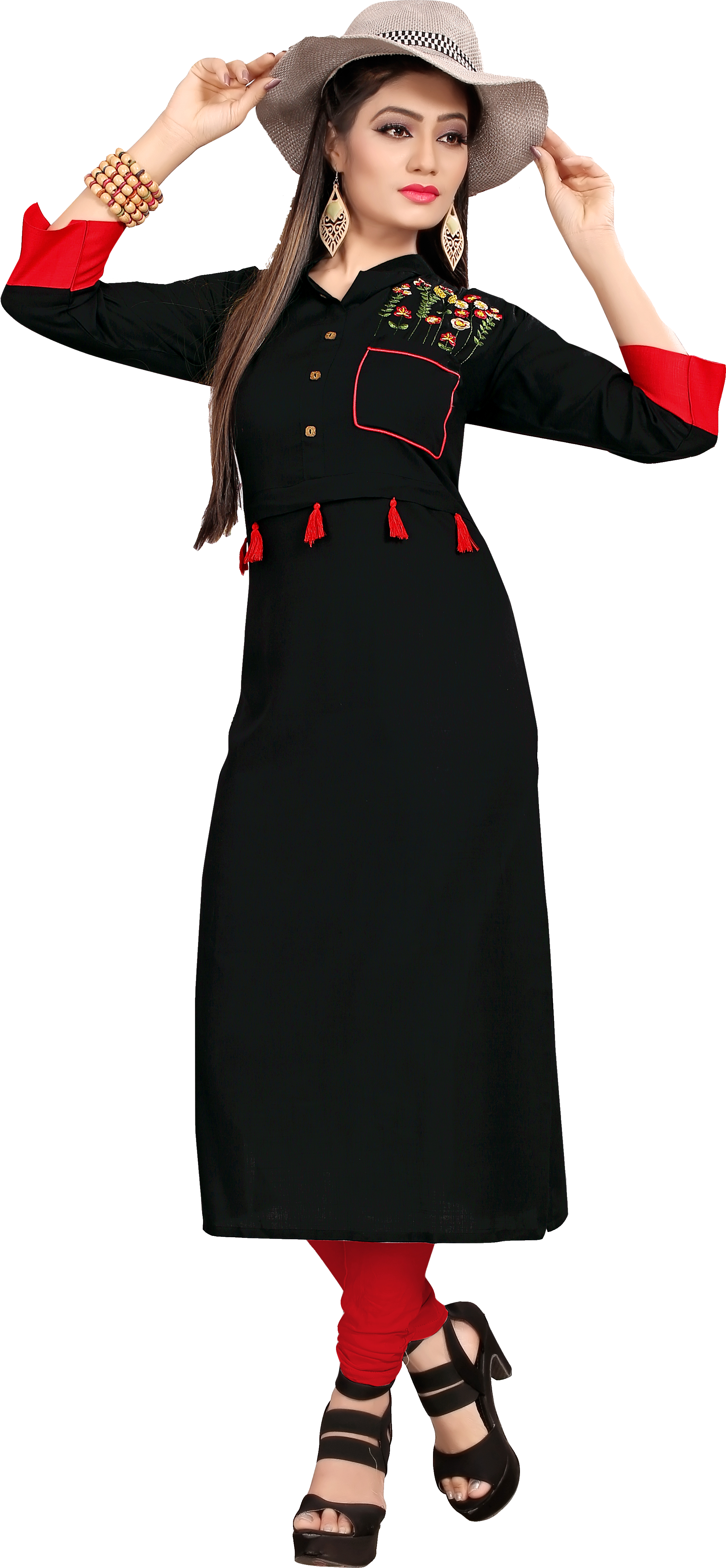 Collar Kurti - Rayon Fabric, Straight Long Design In 4 Vibrant Colors | 3/4 Sleeve, Printed Pattern, Washable For Casual And Formal Wear