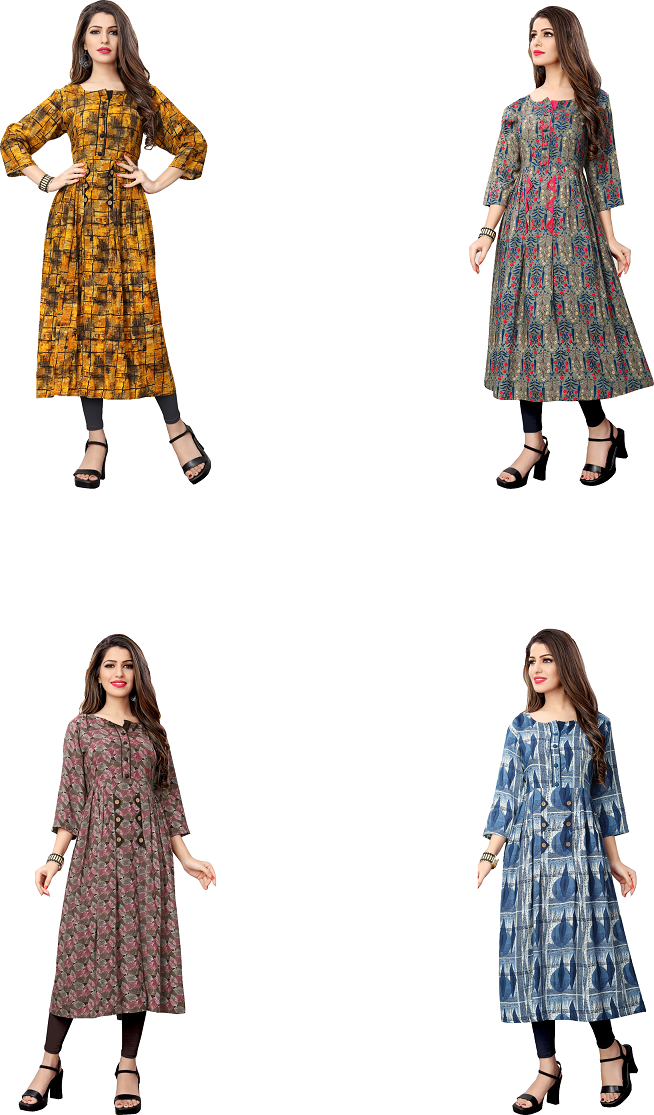 Printed Kurti - Rayon Fabric, Available In 4 Hit Colors | Modern 3-4th Sleeve Design, Versatile For All Seasons