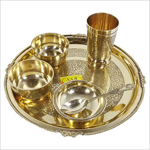 Brass Pooja Thali Set - Gold Plated Brass , Elegant Thali, Bowls, Spoon, Glass with Intricate Art Work and Alluring Edges