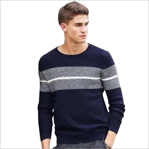Men's Full Sleeve Sweater - Wool and Acrylic Blend, S-XL Size, Blue Striped Pattern | Lightweight, Shrinkage and Fade Proof, Stylish and Trendy