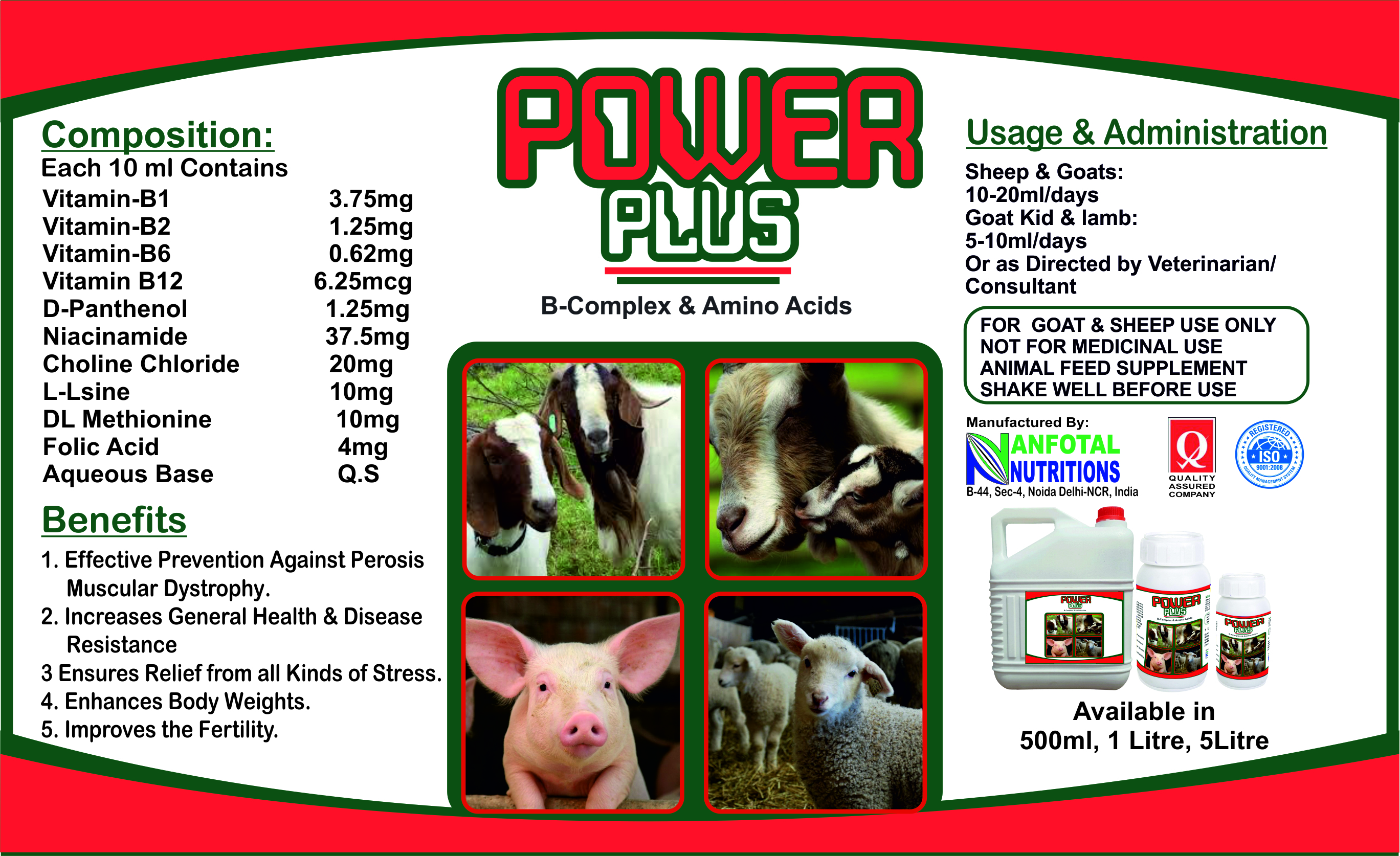 Multi Vitamin Supplement For Goat & Sheep (Power Plus) - Liquid Form, 1l Plastic Jar , Vitamin B Complex And Amino Acids For Growth And Stress Relief