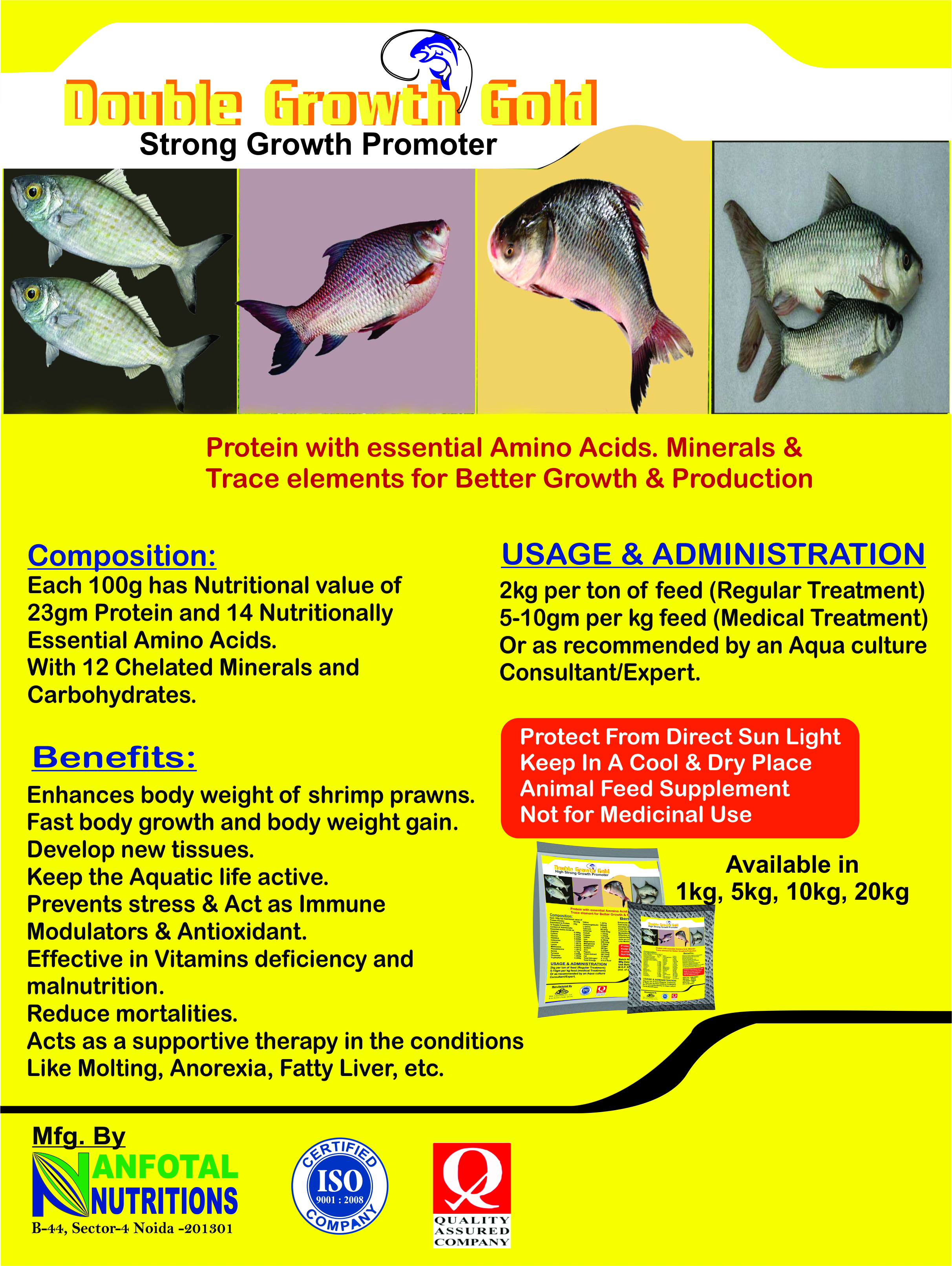 Double Growth Gold - Powdered Feed Supplement For Aquaculture | Enhanced Growth, Immune Support, Vitamin Deficiency Treatment, 2-year Shelf Life