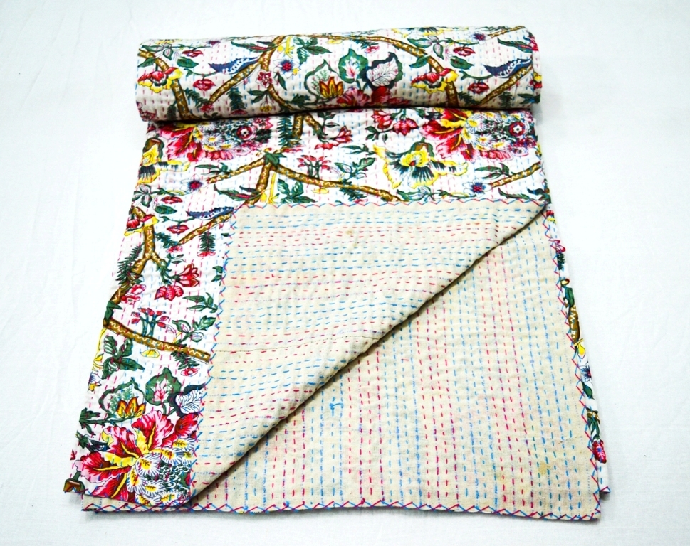 Flower Leaf Printed Twin Size Kantha Quilt