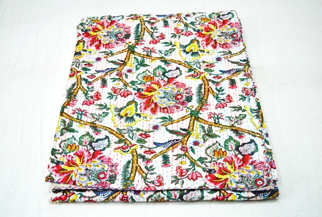 Flower Leaf Printed Twin Size Kantha Quilt