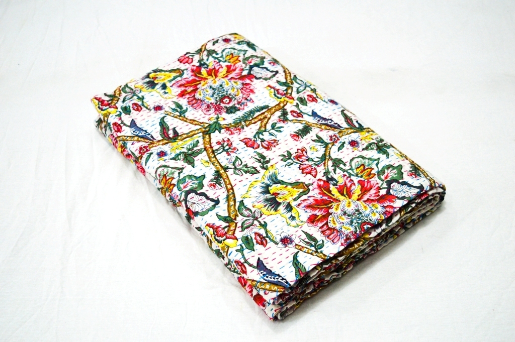 Flower Leaf Printed Twin Size Kantha Quilt