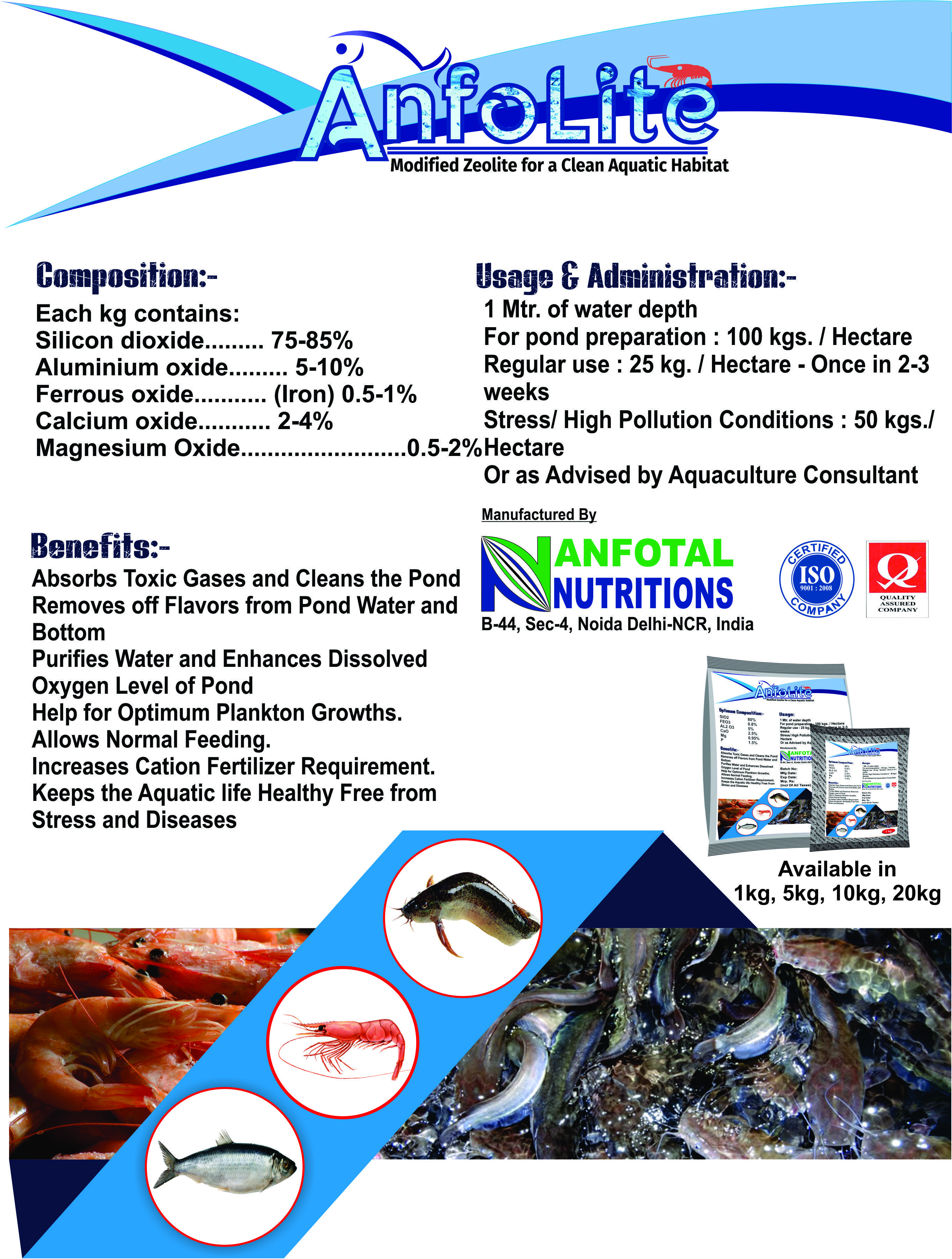 Aquaculture Modified Zeolite & Toxin Binder (Anfolite) - Powder Form, 100kg/hectare For Pond Preparation, 25kg/hectare Regular Use, Enhances Oxygen Levels, Supports Plankton Growth