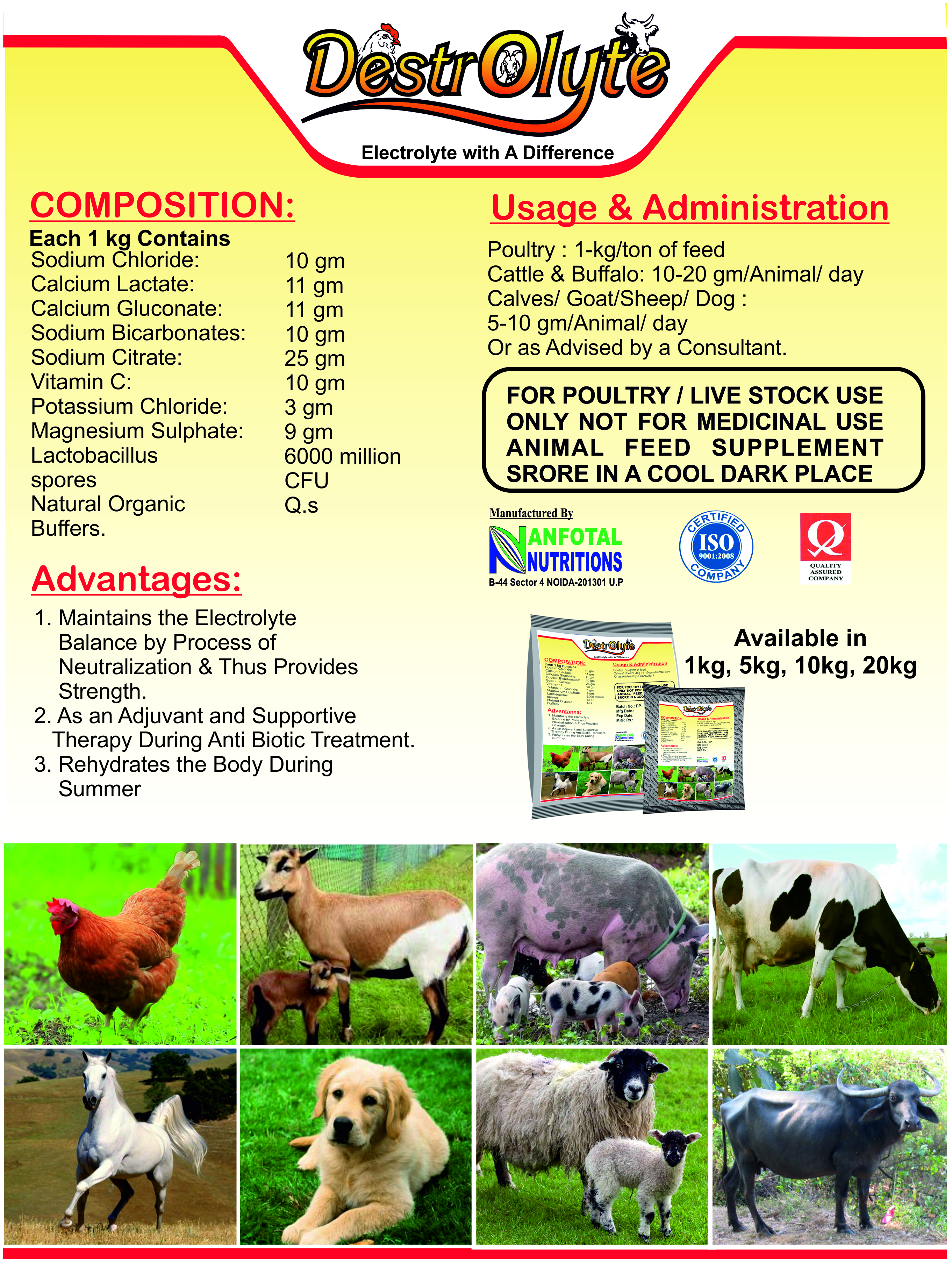 Destrolyte - Essential Electrolyte Supplement For Poultry, 1kg/ton Feed Yield, Soluble Powder For Enhanced Hydration And Health Support