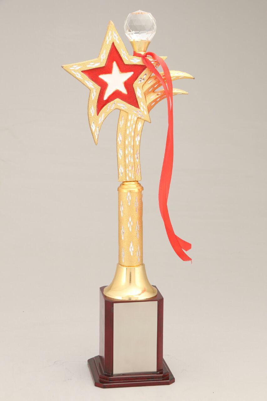 Designer Trophy - Wooden & Metal, 12 Inches Height, Gold Plating, Red Ribbon & Crystal Top | Customizable, Elegant Design, High-quality Finish, Memorable Keepsake, Perfect Recognition