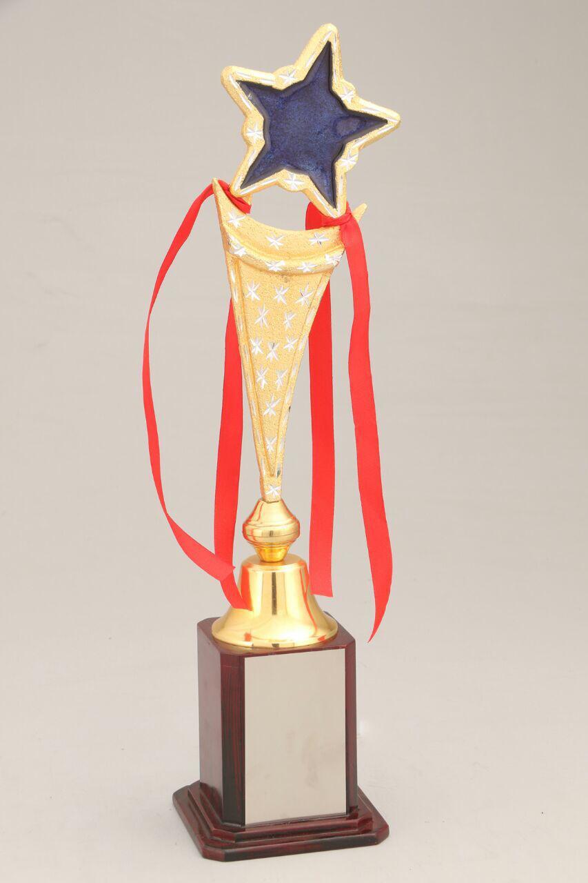 Designer Trophy - Wooden & Metal, 12 Inches Height, Gold Plating, Red Ribbon & Crystal Top | Customizable, Elegant Design, High-quality Finish, Memorable Keepsake, Perfect Recognition