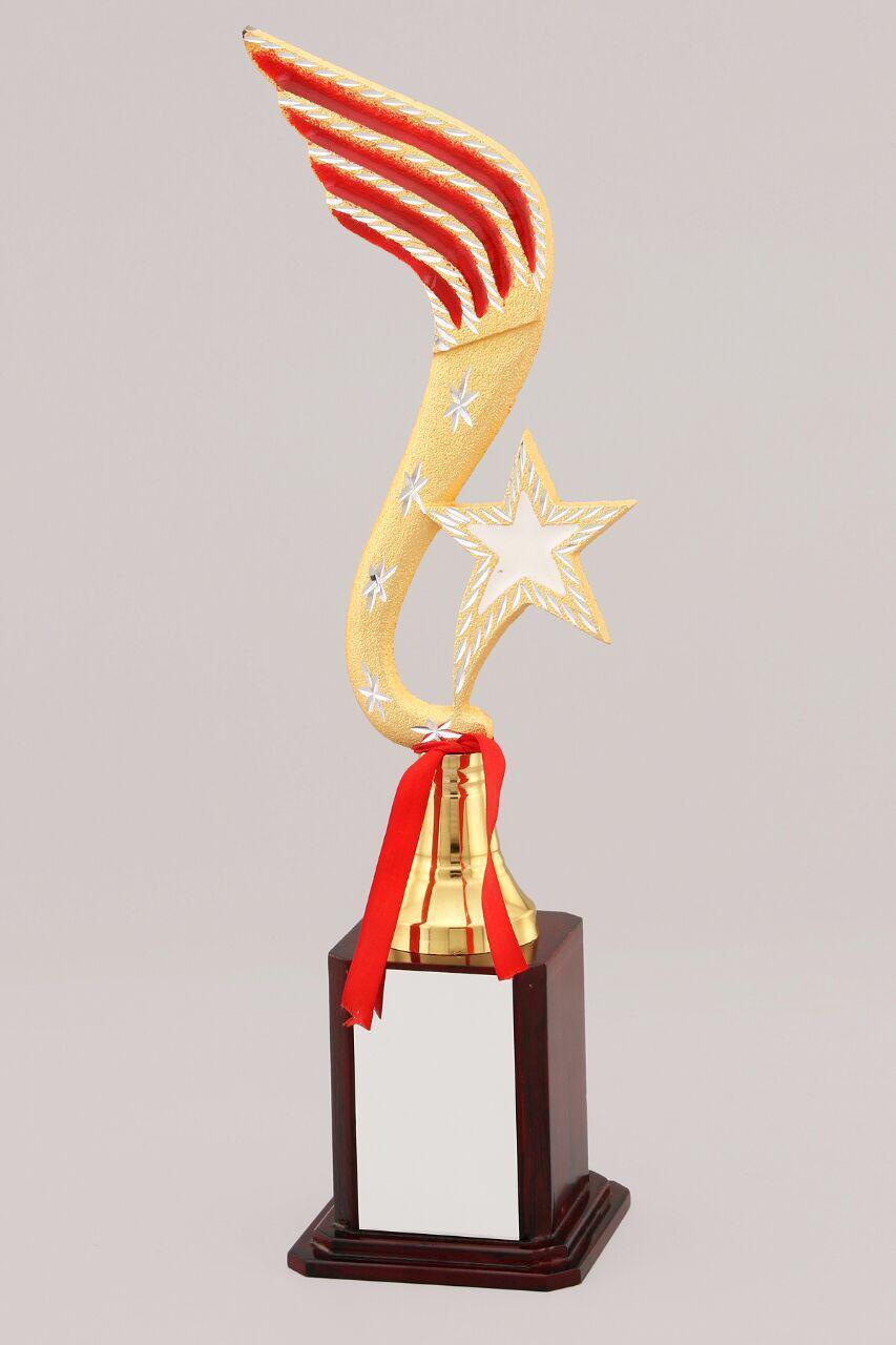 Designer Trophy - Wooden & Metal, 12 Inches Height, Gold Plating, Red Ribbon & Crystal Top | Customizable, Elegant Design, High-quality Finish, Memorable Keepsake, Perfect Recognition