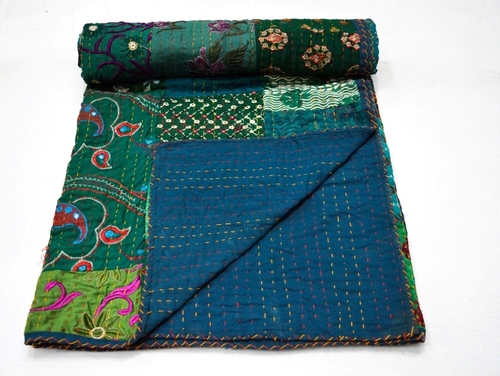 100% Cotton Embroidery Work Queen Size Kantha Quilt