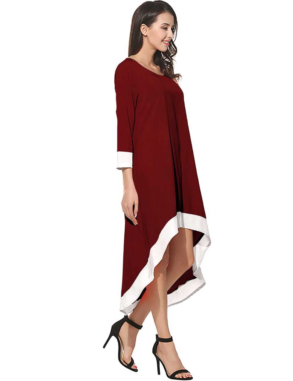 Western Ladies Dress - Crepe, Size M/l/s/xl/xxl, Maroon Color, Front-28 & Back-48 Inch Length, Short Sleeves, Plain Pattern, All Season, No Fade & Washable