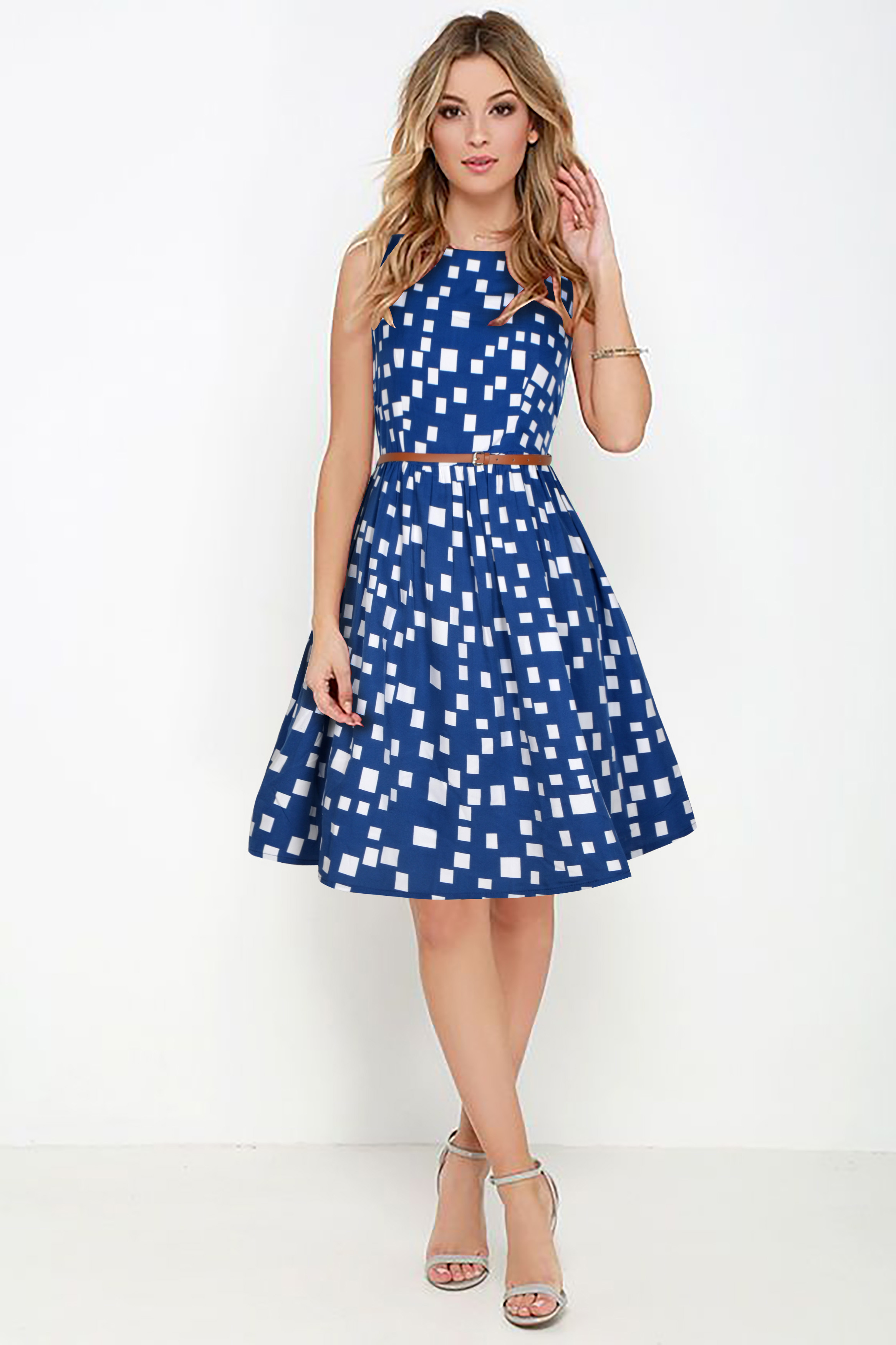 Blue One Piece Dress - Crepe Fabric, Length 36-37 Inch | Trendy Printed Design, Sleeveless, Washable, No Fade, Available In Sizes S-xxl