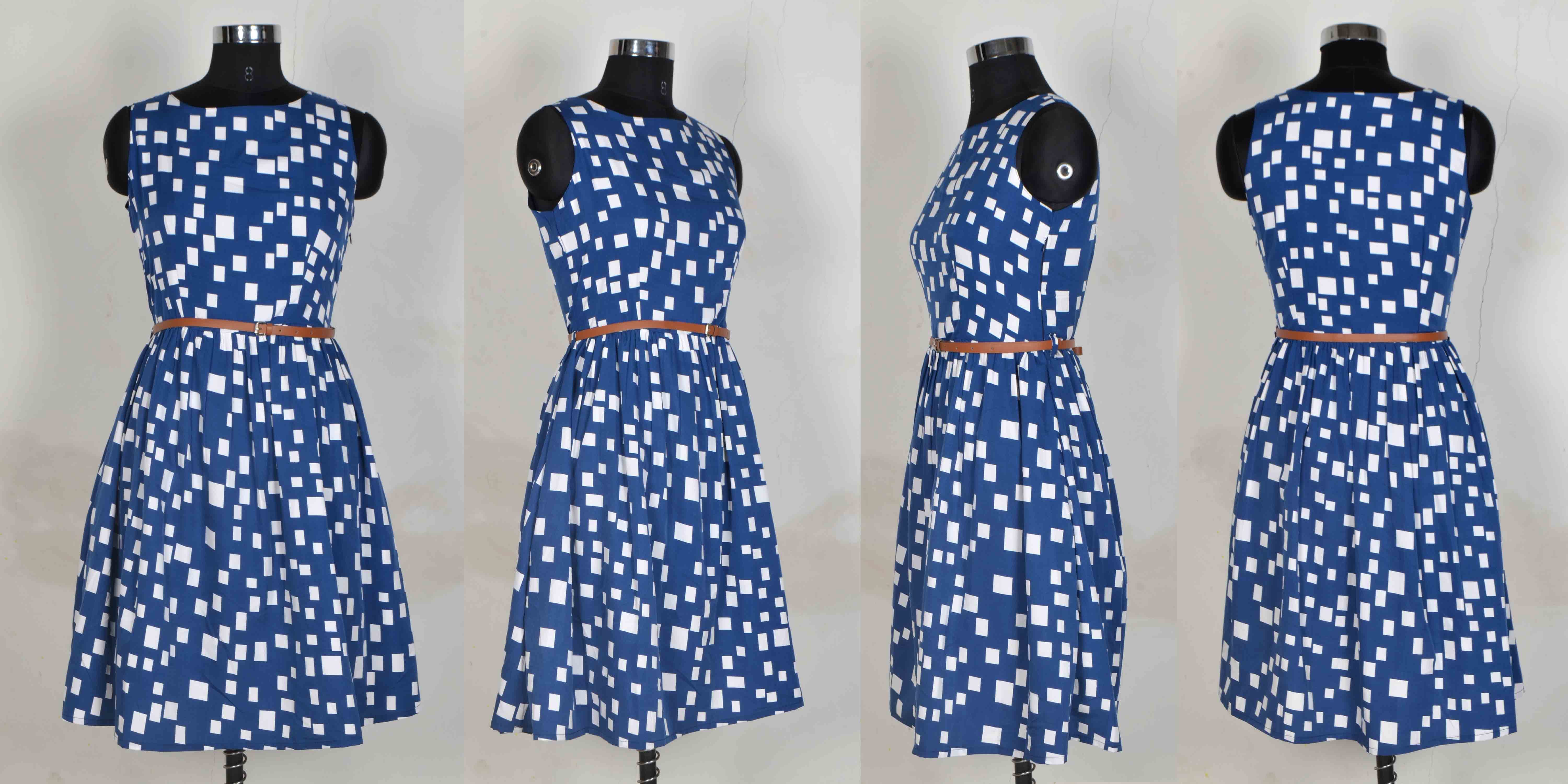 Blue One Piece Dress - Crepe Fabric, Length 36-37 Inch | Trendy Printed Design, Sleeveless, Washable, No Fade, Available In Sizes S-xxl