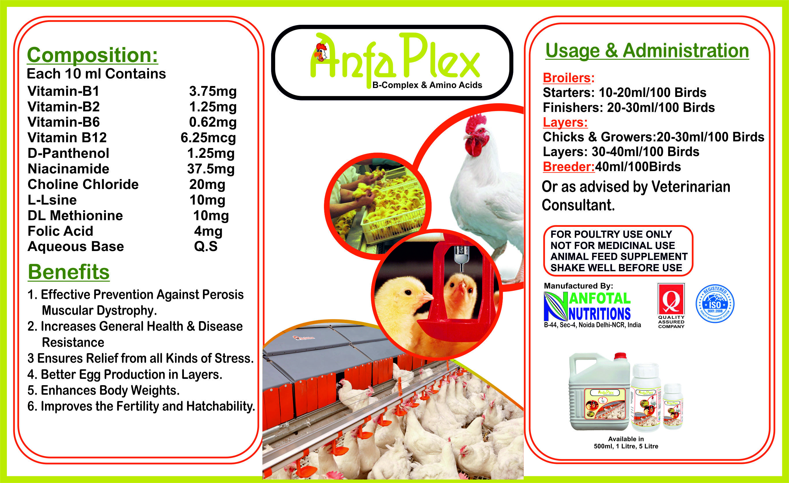 Poultry Vitamin B Complex & Amino Acids (Anfaplex) - Liquid Form , Essential Blend Of B1, B2, B6, B12 And Folic Acid For Poultry Health