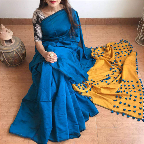 सिल्क कॉटन पल्ली पोम पोम साड़ी