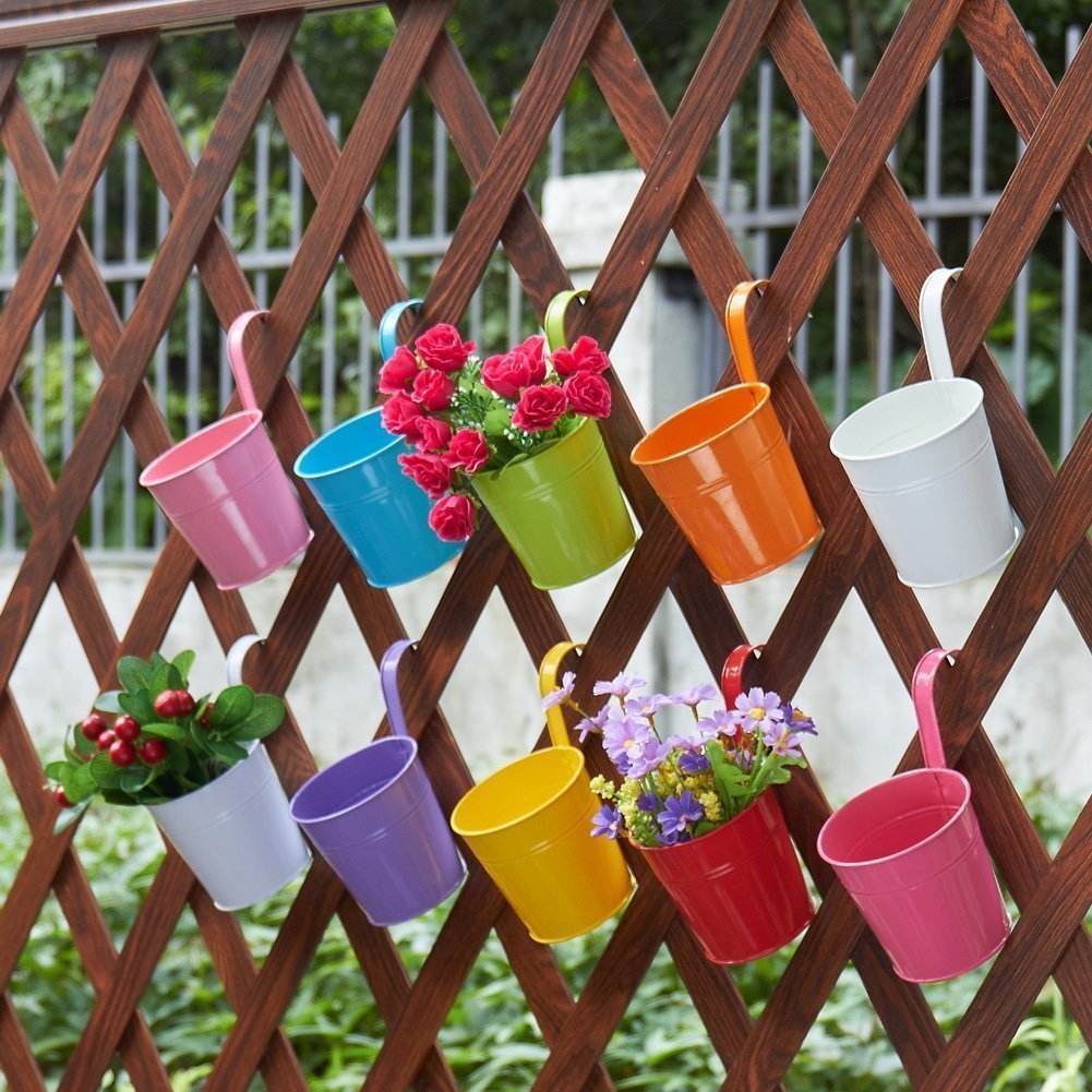 Multi-color Metal Hanging Round Railing Planter Set Of 10pcs