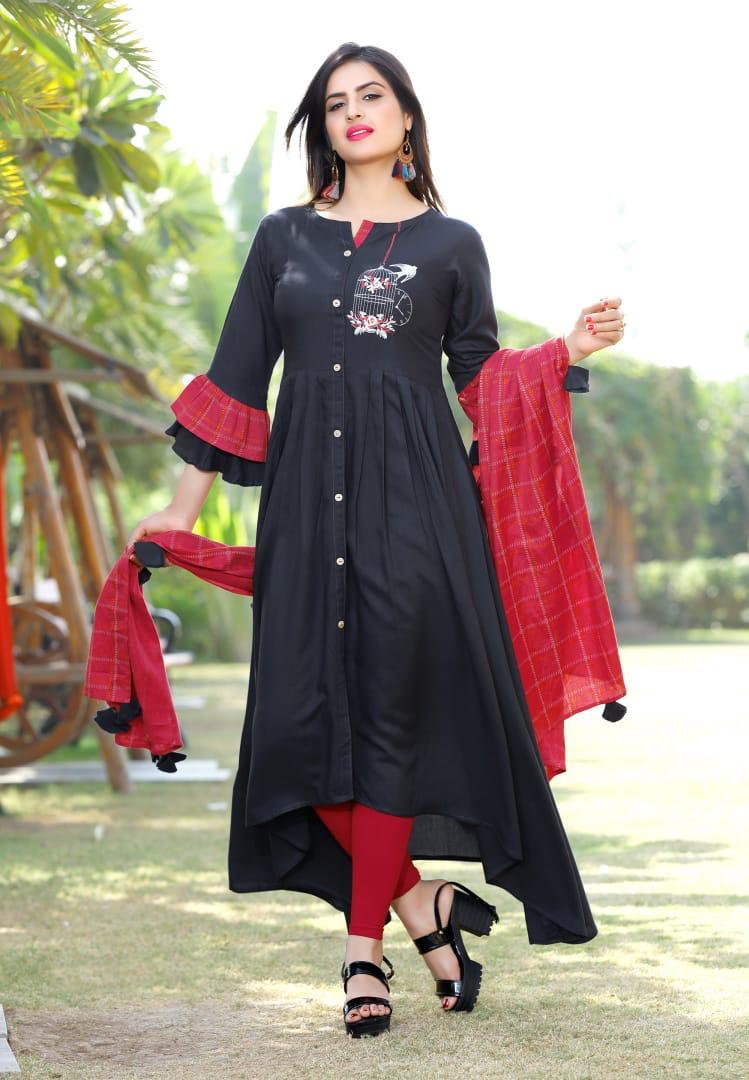 Mittoo Odhani Designer Kurti Set - Rayon & Chanderi Fabric With Printed Duppata, 3/4 Sleeve Style, Available In M-xxxl Sizes, Perfect For Winter Wear