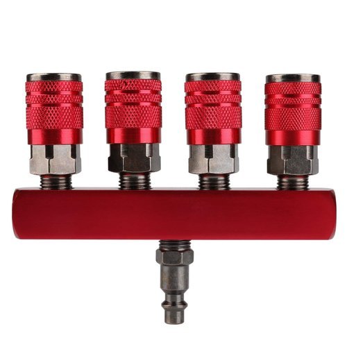 4 Way Coupler - Milled Red Anodized Aluminum, 1/4" Npt Inlet, 4 X 1/4" Npt Outlets | Nickel Plated Steel Quick Connectors, 300 Psi Max Pressure, Lightweight Design