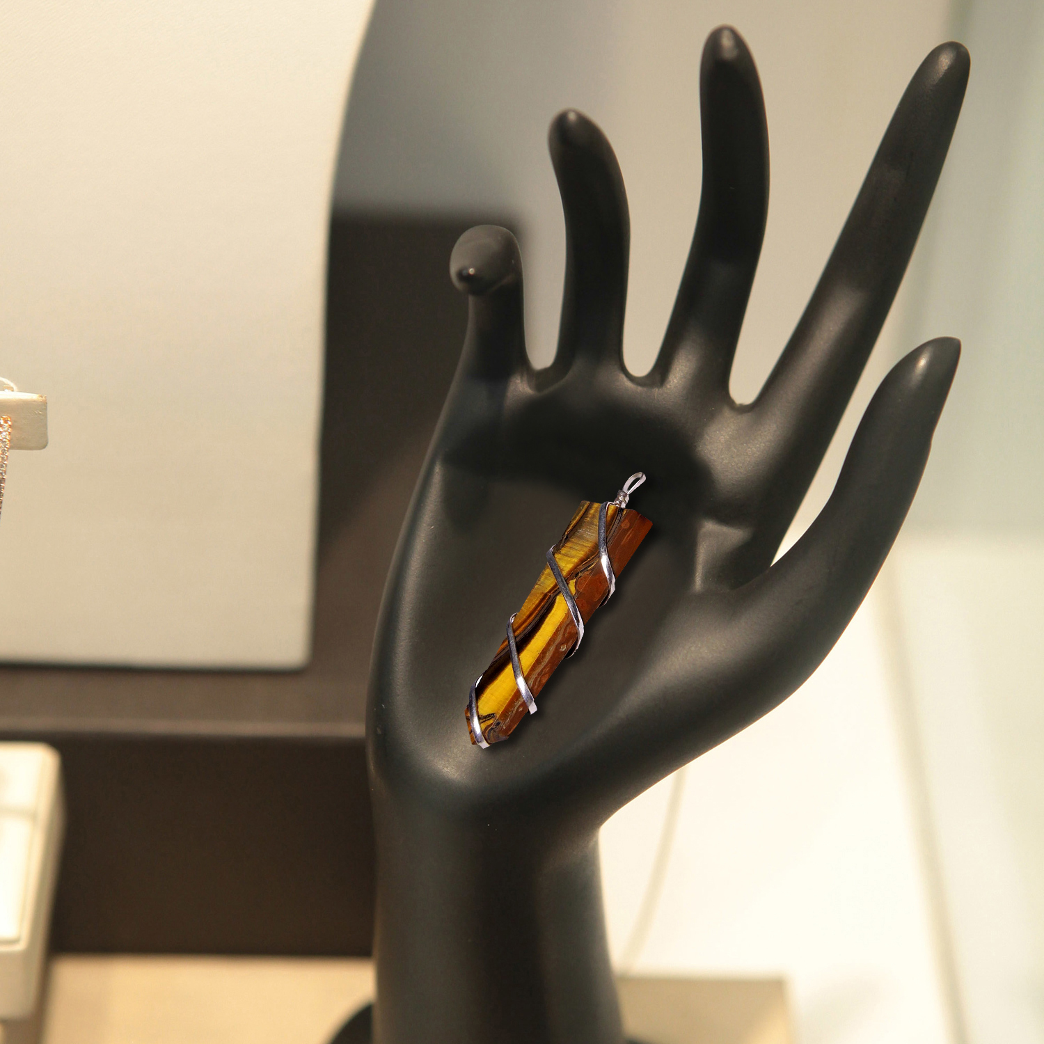 Natural Stone Tiger Eye Wrapped Flat Point Pendant Gender: Children