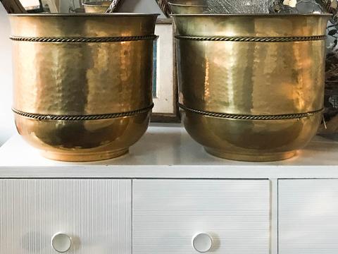 Antique Large Vintage Brass Planters Vases A Pair
