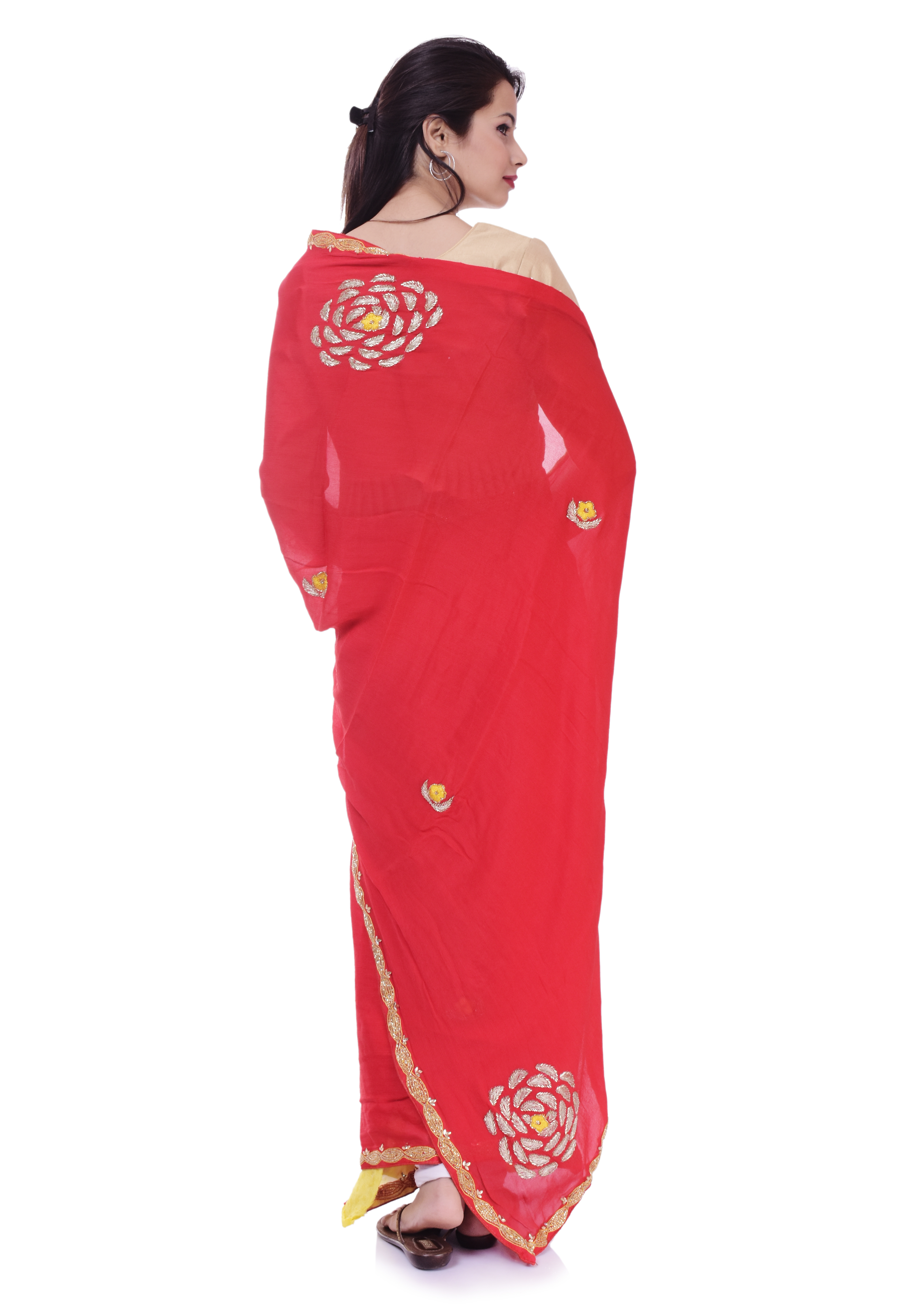 Traditional Saree - Red Chinnon Fabric, 5.5 Meters Long X 1.1 Meters Wide, Embroidered Design | Perfect For Formal Events And Festivals