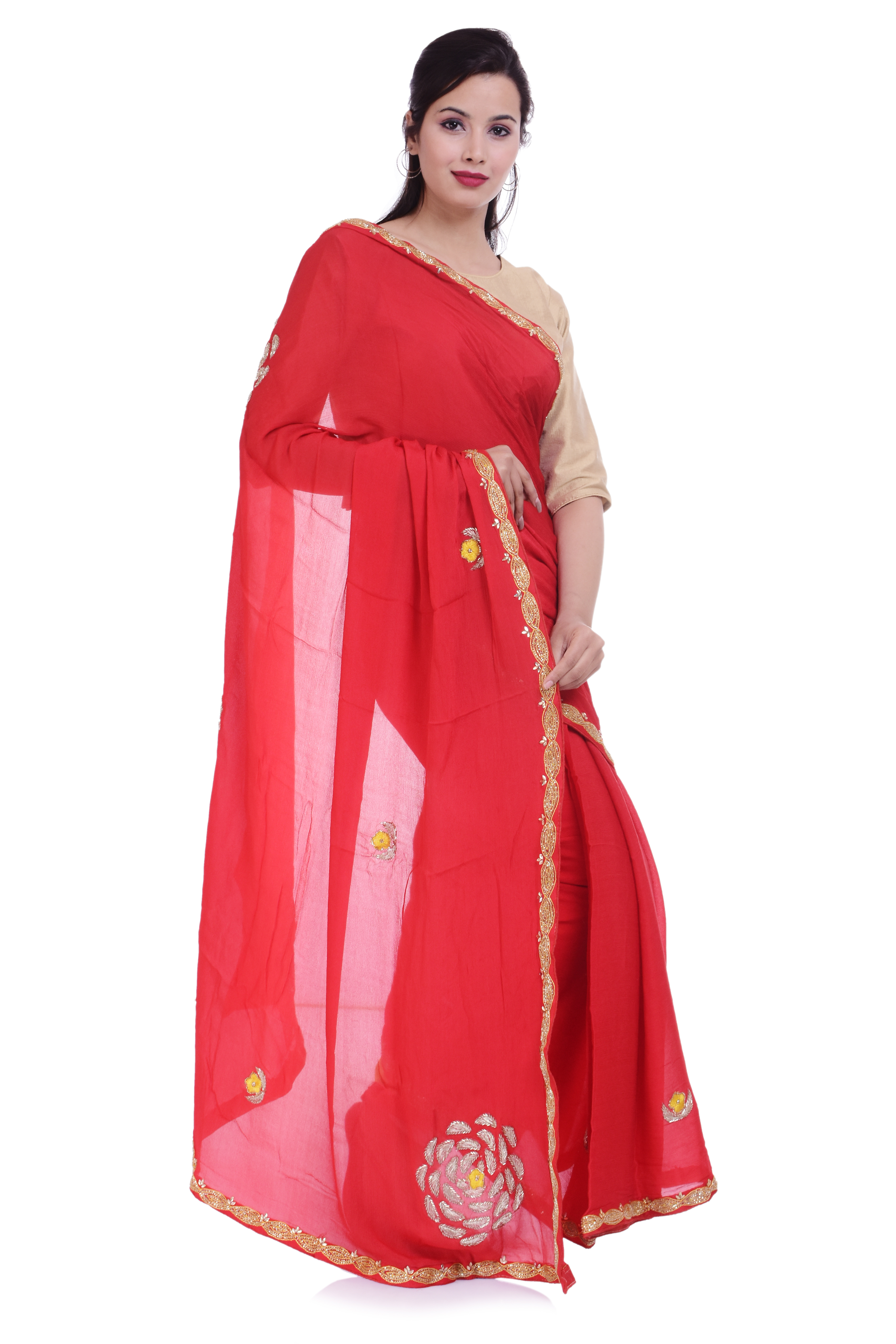 Traditional Saree - Red Chinnon Fabric, 5.5 Meters Long X 1.1 Meters Wide, Embroidered Design | Perfect For Formal Events And Festivals