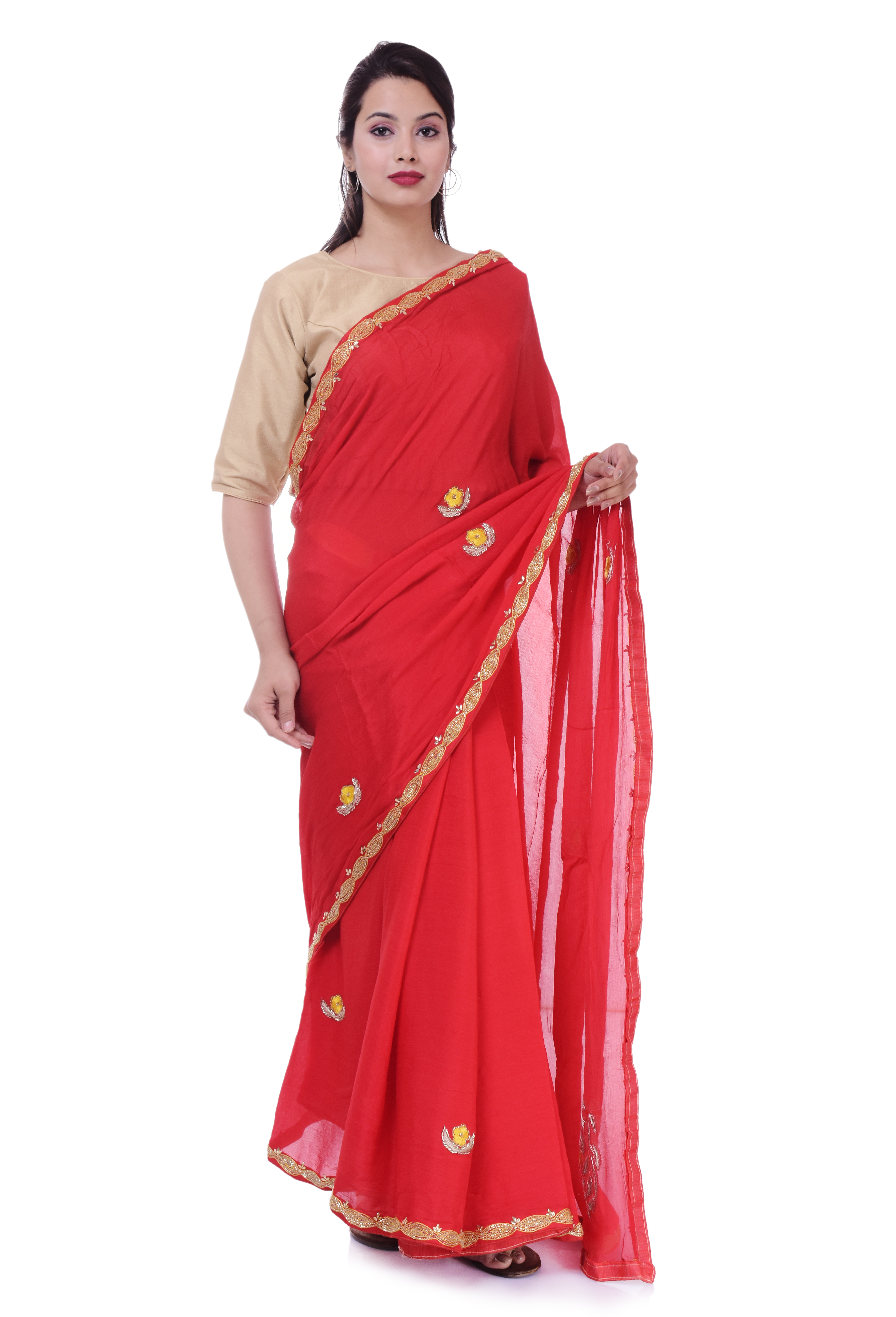 Traditional Saree - Red Chinnon Fabric, 5.5 Meters Long X 1.1 Meters Wide, Embroidered Design | Perfect For Formal Events And Festivals