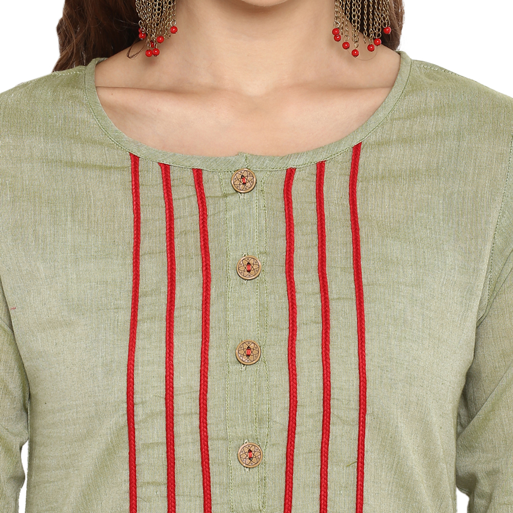 Cotton Double Layer Kurtis - Bust Size 36 To 44 Inches, Light Green Color | Elegant 3/4 Sleeve Design, Alluring Tussles And Embroideries, Casual Ethnic Wear