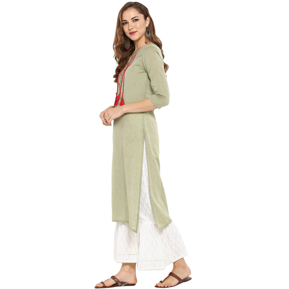 Cotton Double Layer Kurtis - Bust Size 36 To 44 Inches, Light Green Color | Elegant 3/4 Sleeve Design, Alluring Tussles And Embroideries, Casual Ethnic Wear