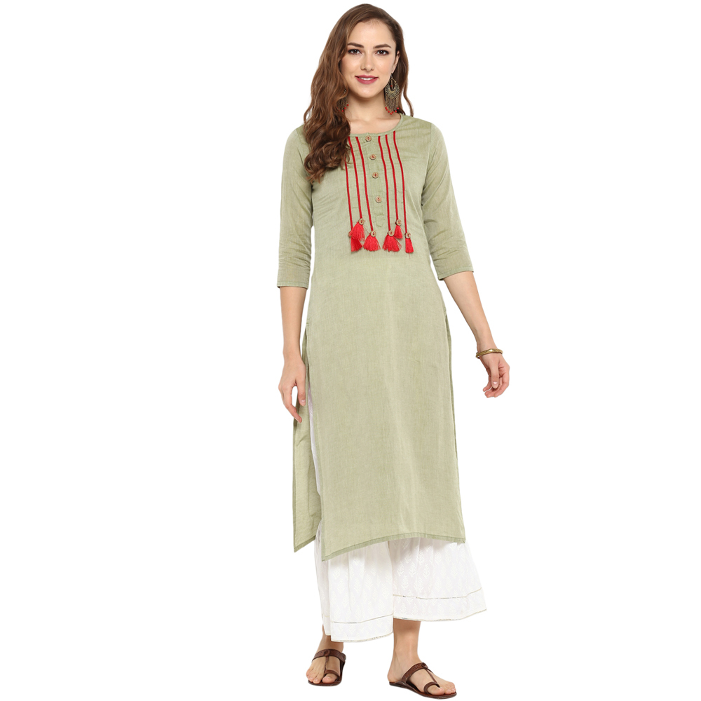 Cotton Double Layer Kurtis - Bust Size 36 To 44 Inches, Light Green Color | Elegant 3/4 Sleeve Design, Alluring Tussles And Embroideries, Casual Ethnic Wear