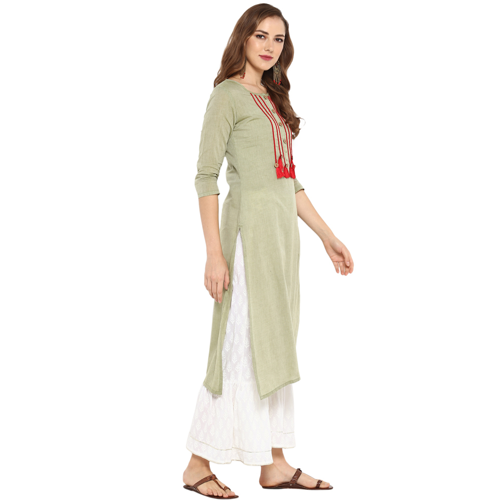 Cotton Double Layer Kurtis - Bust Size 36 To 44 Inches, Light Green Color | Elegant 3/4 Sleeve Design, Alluring Tussles And Embroideries, Casual Ethnic Wear