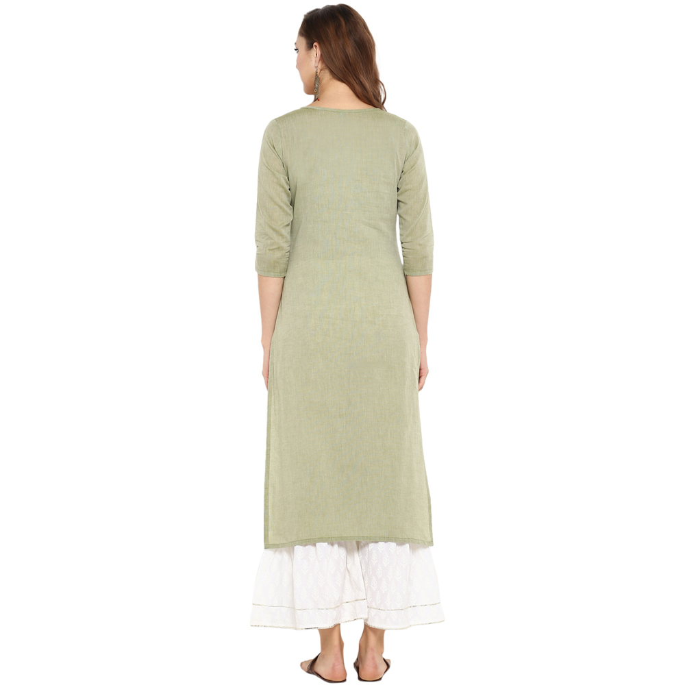 Cotton Double Layer Kurtis - Bust Size 36 To 44 Inches, Light Green Color | Elegant 3/4 Sleeve Design, Alluring Tussles And Embroideries, Casual Ethnic Wear