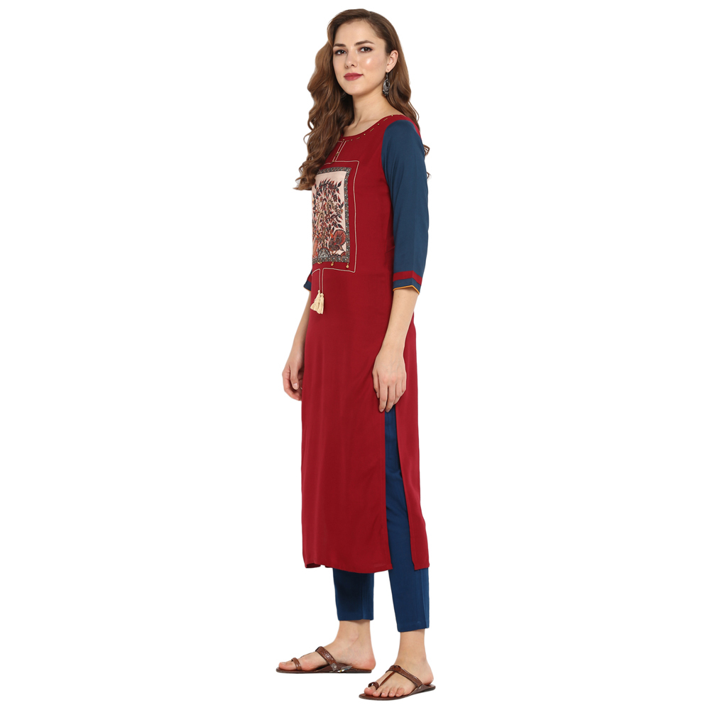 Printed Rayon Kurtis - Rayon, Bust Size: 36 To 44 Inch, Length: 48 Inch, Color: Maroon | 3-4th Sleeve, Printed Pattern, Elegant Tassel Detail
