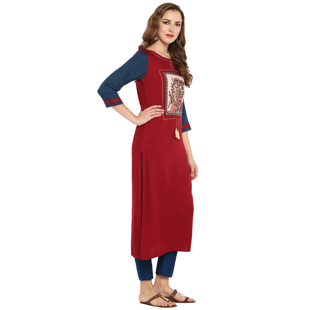 Printed Rayon Kurtis - Rayon, Bust Size: 36 To 44 Inch, Length: 48 Inch, Color: Maroon | 3-4th Sleeve, Printed Pattern, Elegant Tassel Detail