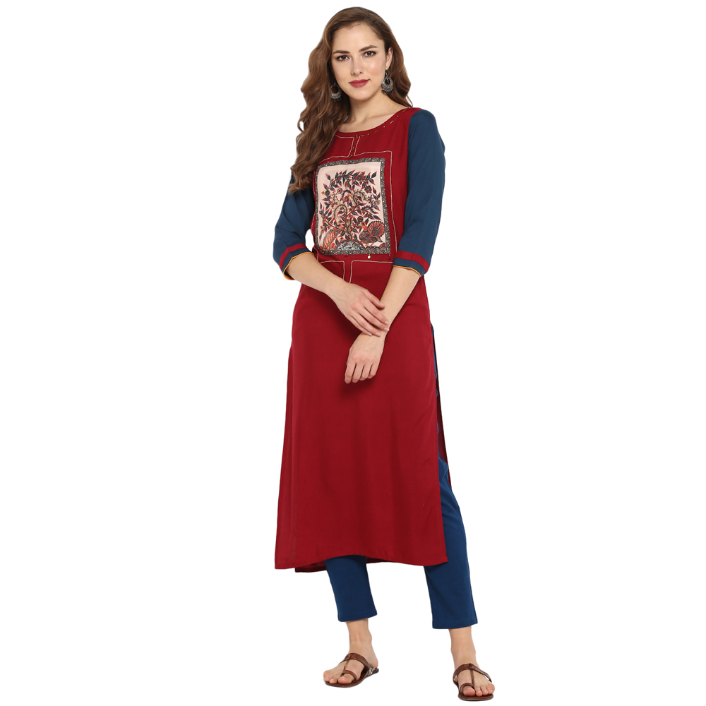 Printed Rayon Kurtis - Rayon, Bust Size: 36 To 44 Inch, Length: 48 Inch, Color: Maroon | 3-4th Sleeve, Printed Pattern, Elegant Tassel Detail