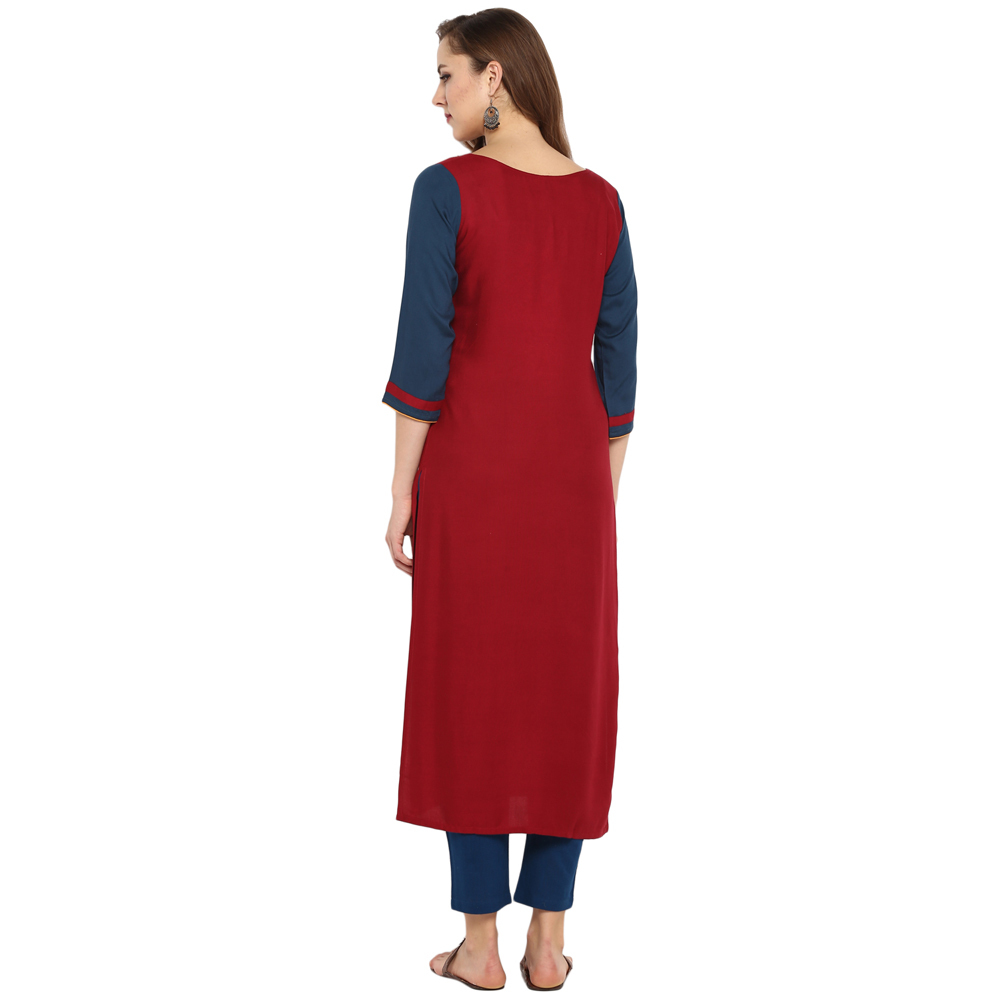 Printed Rayon Kurtis - Rayon, Bust Size: 36 To 44 Inch, Length: 48 Inch, Color: Maroon | 3-4th Sleeve, Printed Pattern, Elegant Tassel Detail