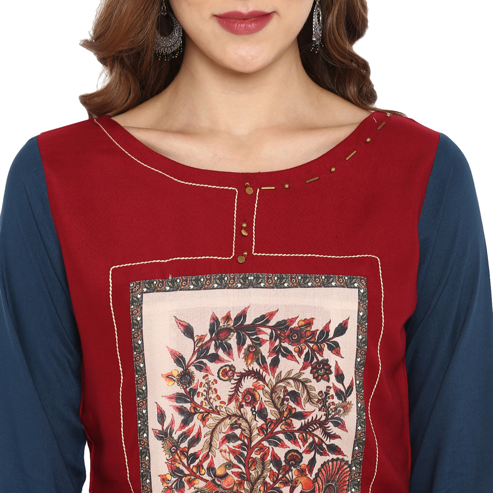 Printed Rayon Kurtis - Rayon, Bust Size: 36 To 44 Inch, Length: 48 Inch, Color: Maroon | 3-4th Sleeve, Printed Pattern, Elegant Tassel Detail