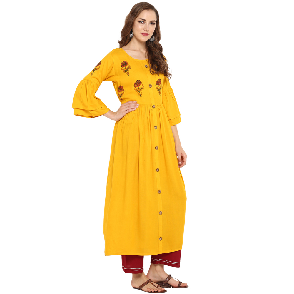 Jaipuri Kurtis - Rayon Fabric, 48 Inch Length, Mustard Yellow Color | A-line Style, Fade Resistant, 3-4th Sleeve